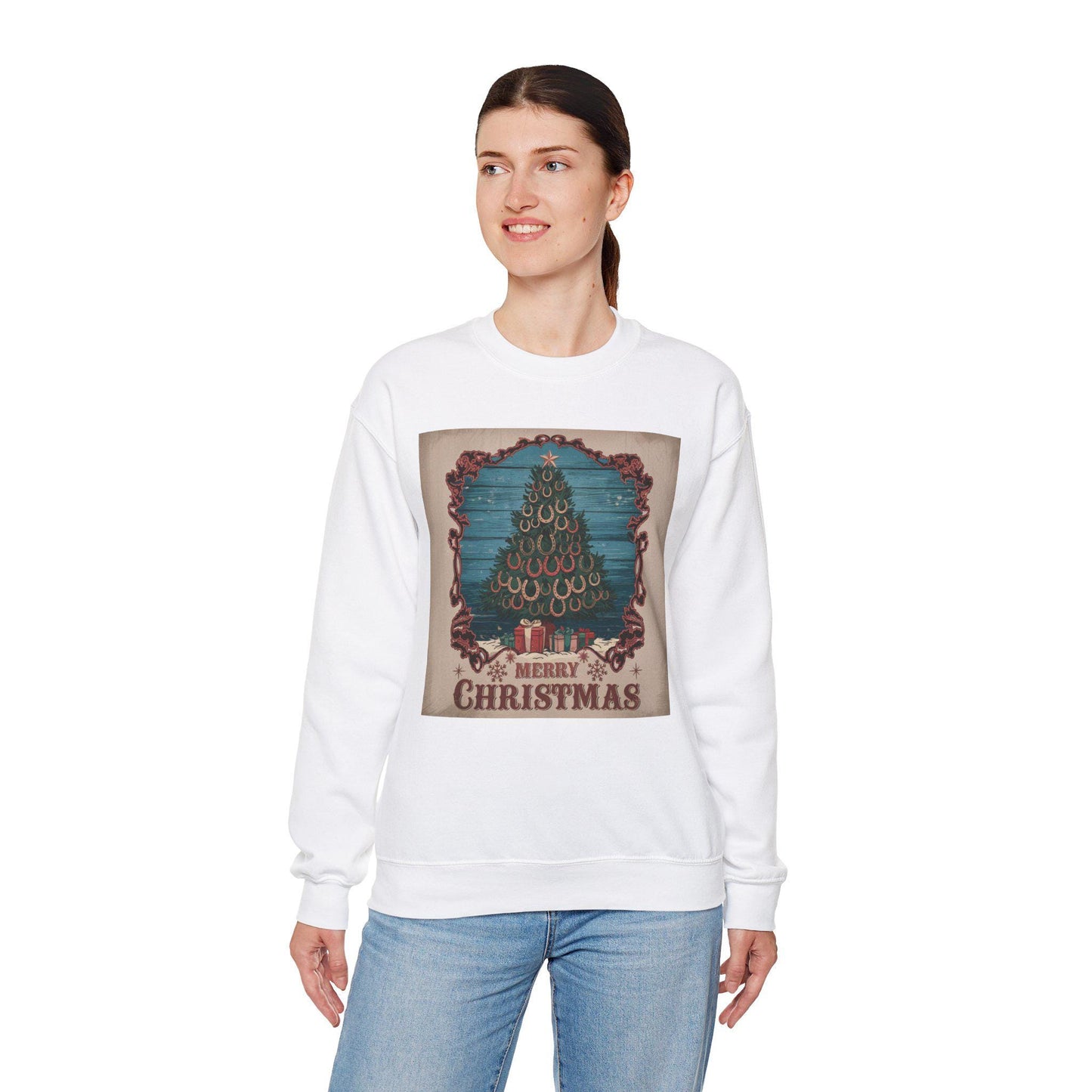 Merry Christmas Horse Shoe Tree Unisex Heavy Blend™ Crewneck Sweatshirt