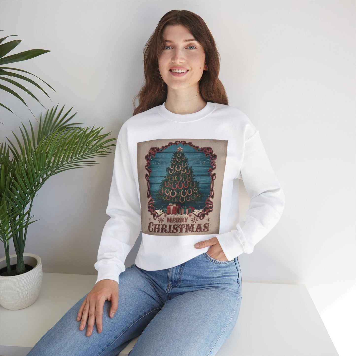 Merry Christmas Horse Shoe Tree Unisex Heavy Blend™ Crewneck Sweatshirt