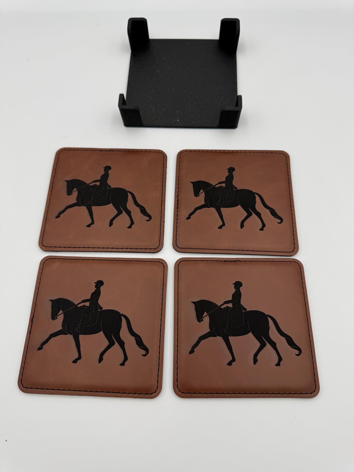 Set of 4 Vegan Leather 4” Drink Coasters with Dressage Design Drink Coasters English Themed Drink Coaster Leather Coaster Vegan Leather