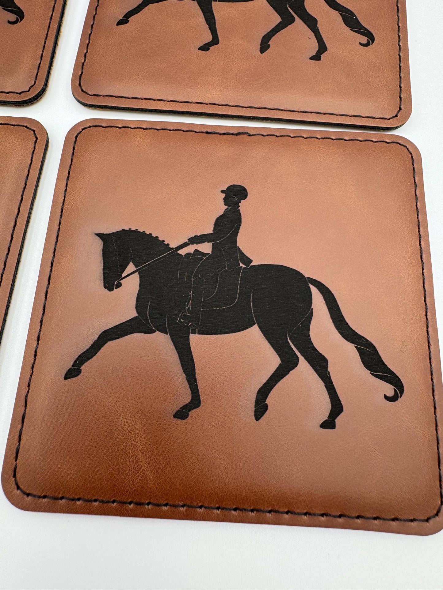 Set of 4 Vegan Leather 4” Drink Coasters with Dressage Design Drink Coasters English Themed Drink Coaster Leather Coaster Vegan Leather
