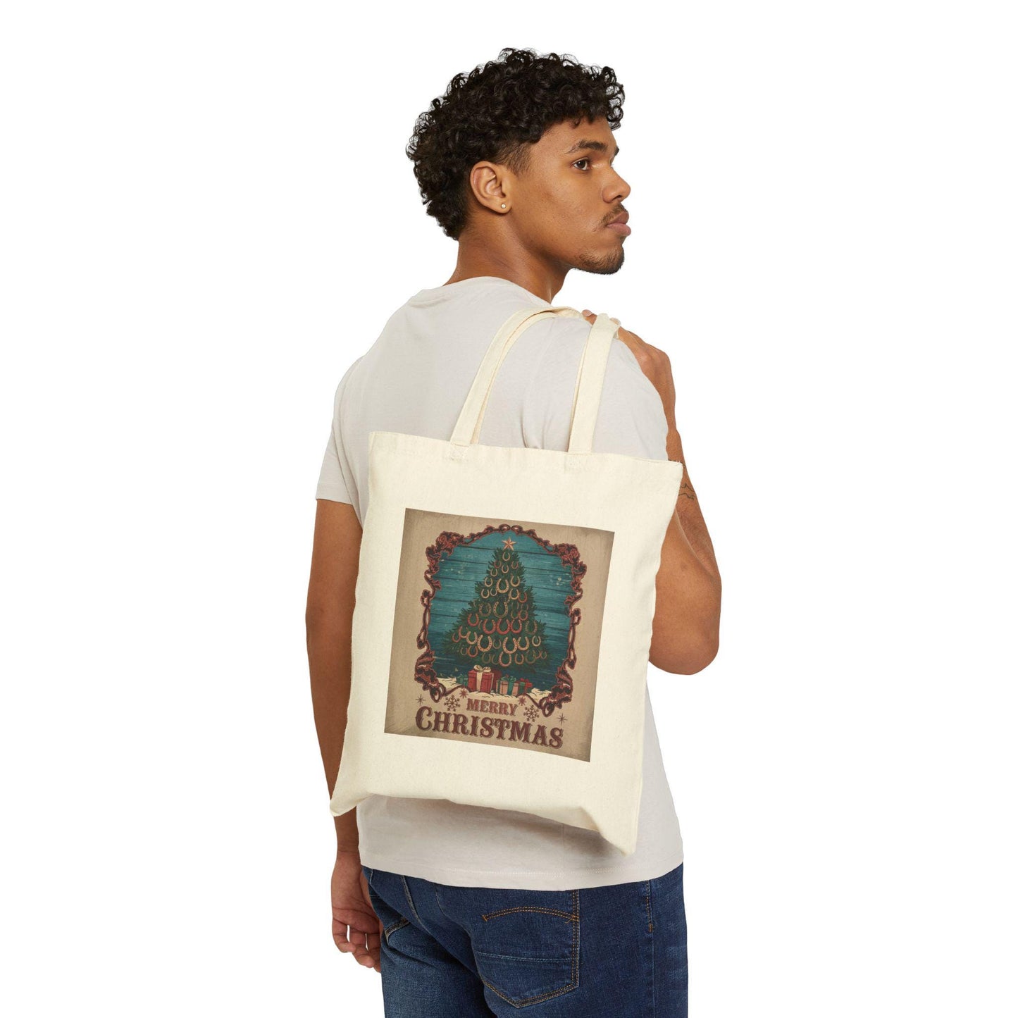 MERRY CHRISTMAS Horse Shoe Tree Cotton Canvas Tote Bag