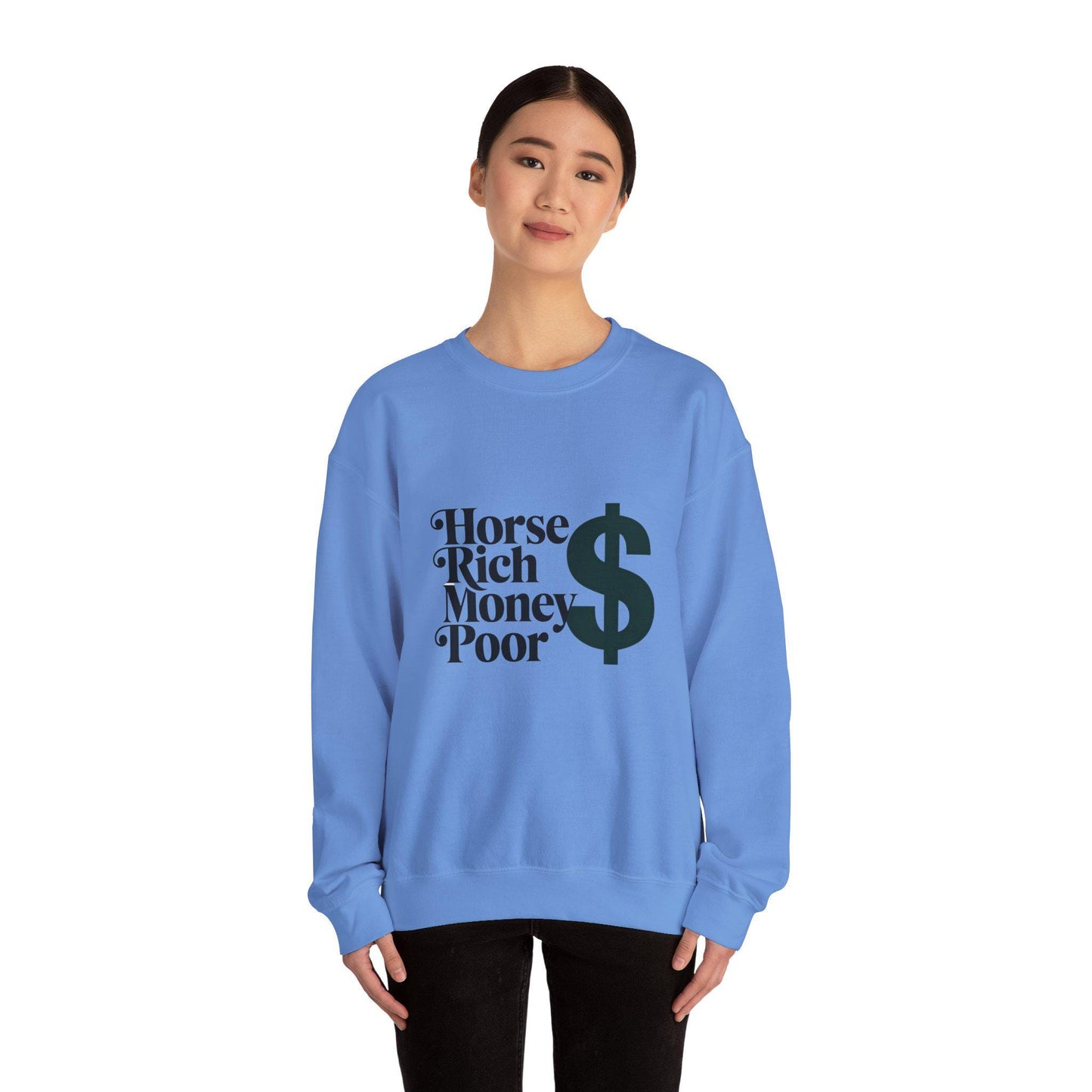 Crewneck Sweatshirt, Horse Rich Money Poor Design, Equestrian Gift, Horse Lover Apparel, Funny Animal Print Clothes, Novelty Jumper