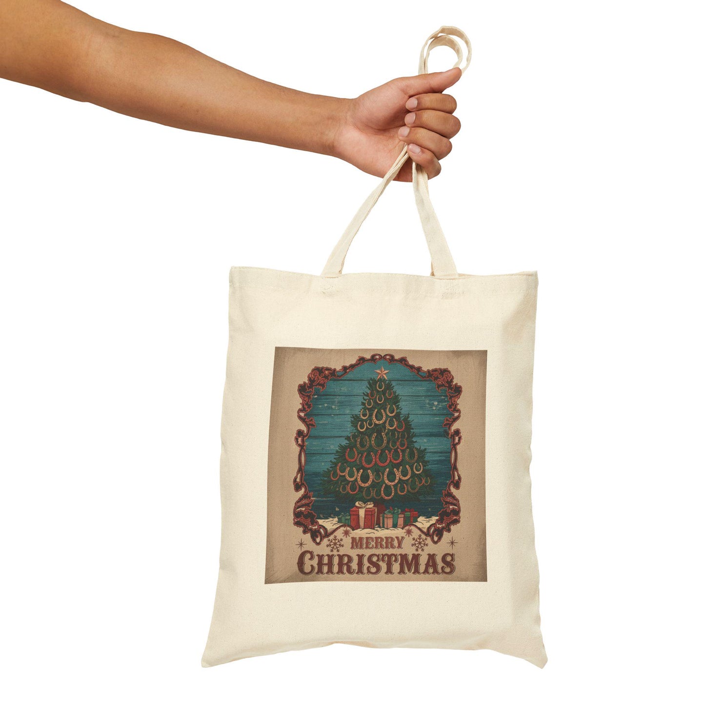 MERRY CHRISTMAS Horse Shoe Tree Cotton Canvas Tote Bag