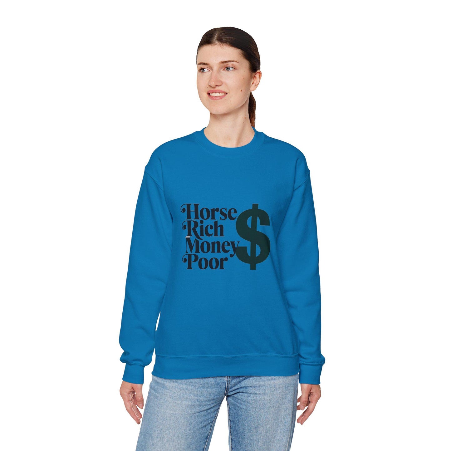 Crewneck Sweatshirt, Horse Rich Money Poor Design, Equestrian Gift, Horse Lover Apparel, Funny Animal Print Clothes, Novelty Jumper
