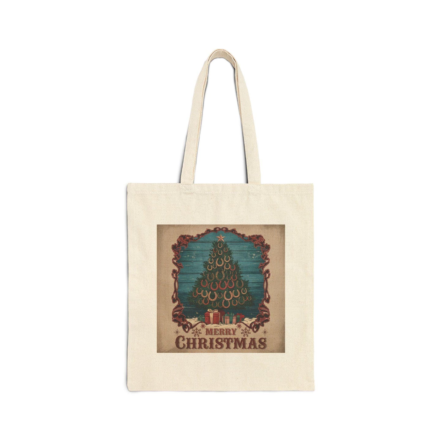 MERRY CHRISTMAS Horse Shoe Tree Cotton Canvas Tote Bag