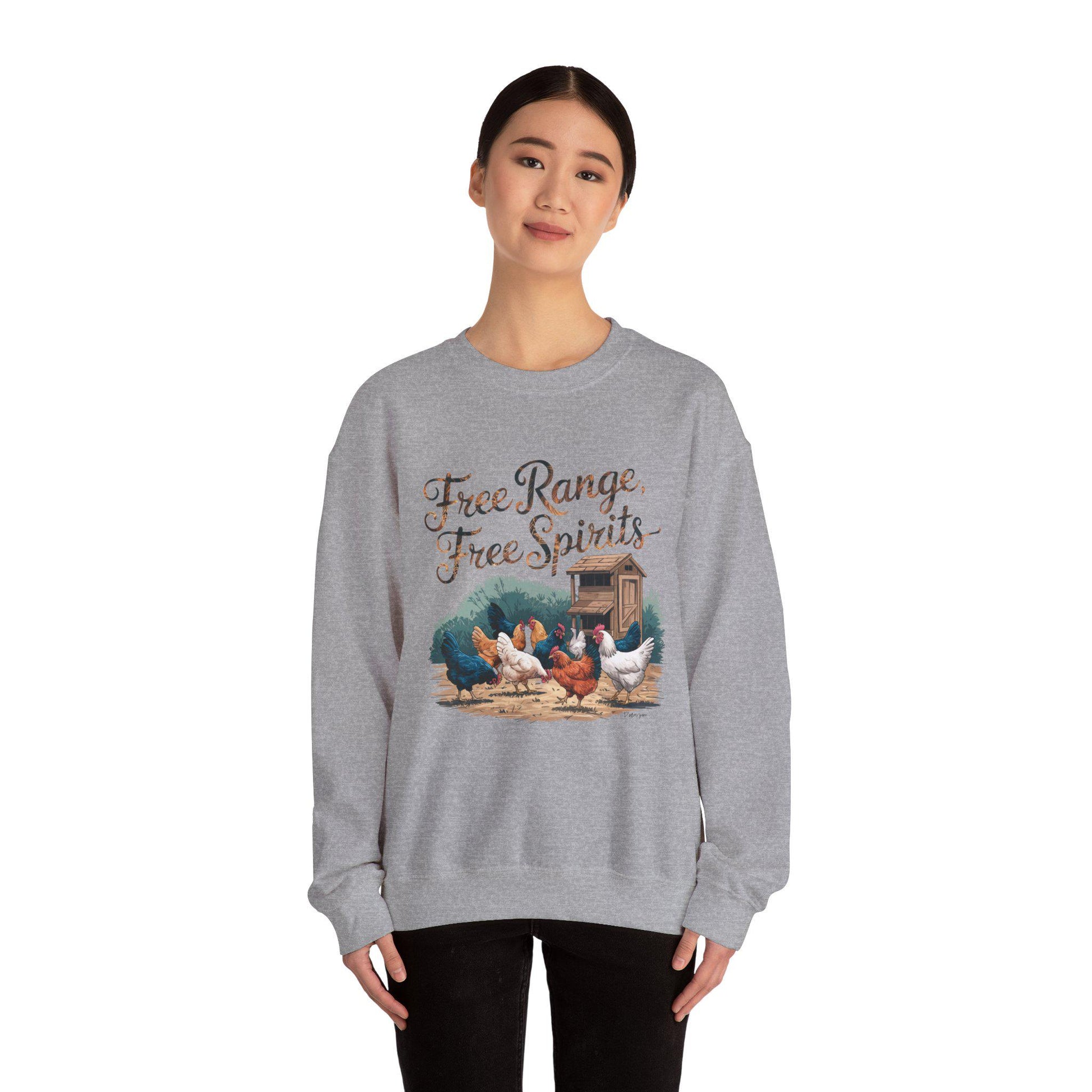 Free Range, Free Spirit Sweatshirt, chickens, chicken lover, farm animal, chicken humor, woman’s sweatshirt, men’s sweatshirt, country,retro