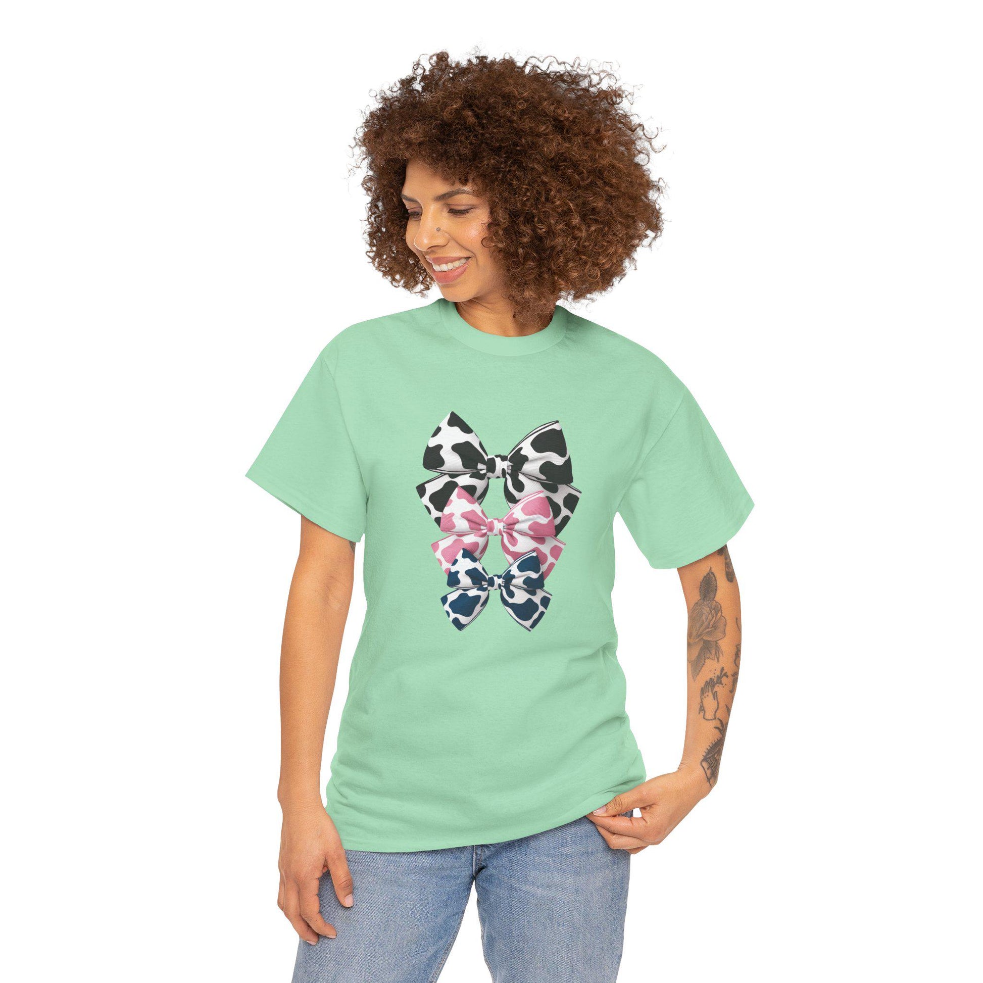 Cow Print Coquette Cotton Tee, Mom gift, teacher gift, girlfriend gift, christmas gift, animal print