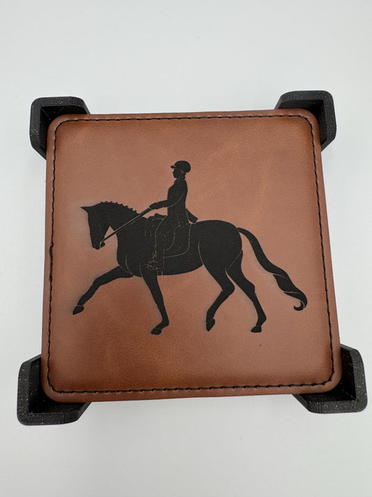 Set of 4 Vegan Leather 4” Drink Coasters with Dressage Design Drink Coasters English Themed Drink Coaster Leather Coaster Vegan Leather