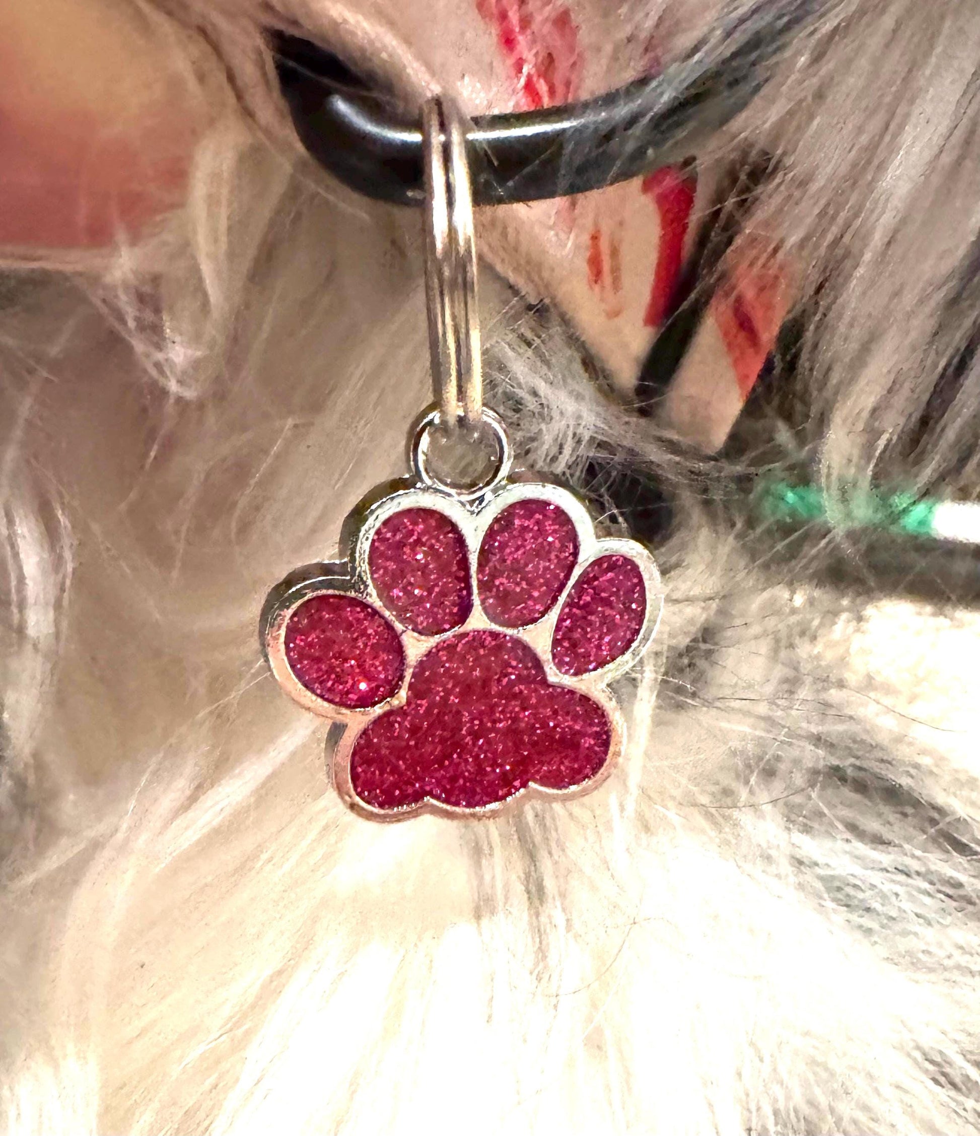 Small Personalized Crystal Metal Dog Paw Tag with Split Ring for Dog Collar or Harness