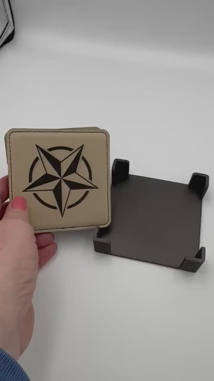 Set of 4 Vegan Leather 4” Drink Coasters with Western Star Design Drink Coasters Western Themed Drink Coaster Leather Coaster Vegan Leather