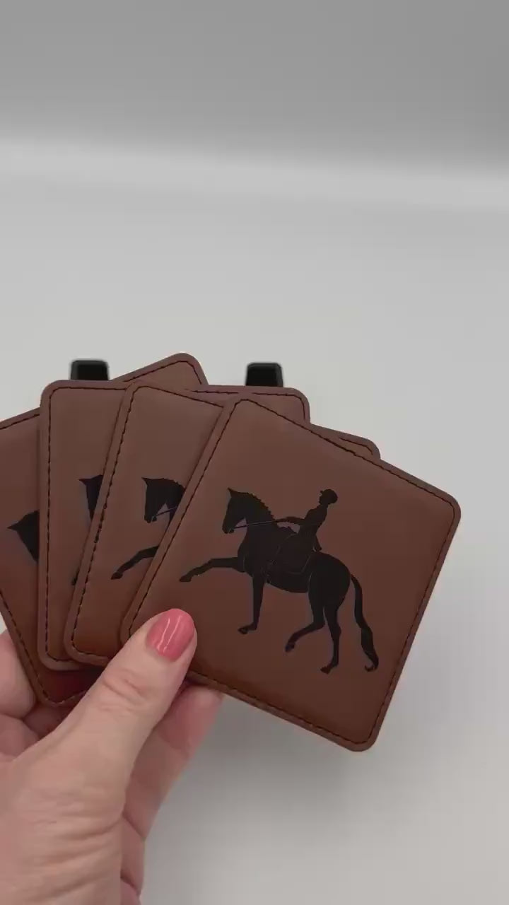 Set of 4 Vegan Leather 4” Drink Coasters with Dressage Design Drink Coasters English Themed Drink Coaster Leather Coaster Vegan Leather